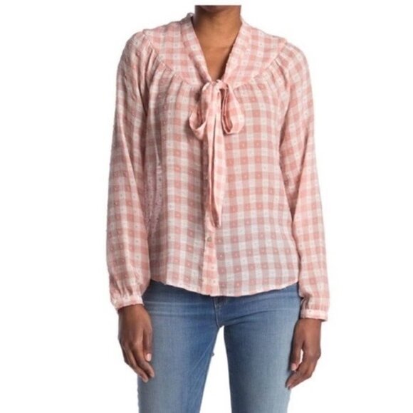 Nanette Lepore Size Small Tie V-Neck Soft Gingham Peach Swiss Dot L/S Blouse - Picture 2 of 13